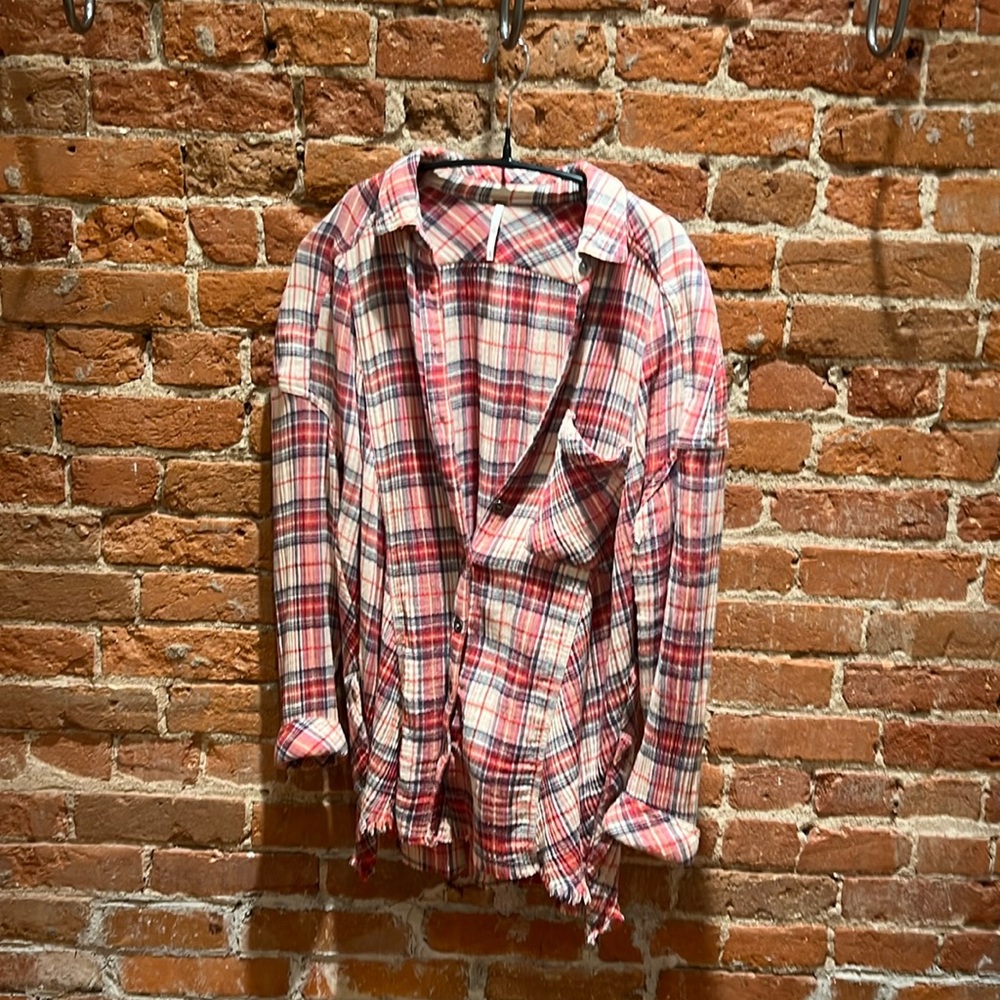 Free People Red Plaid Button-Down Shirt